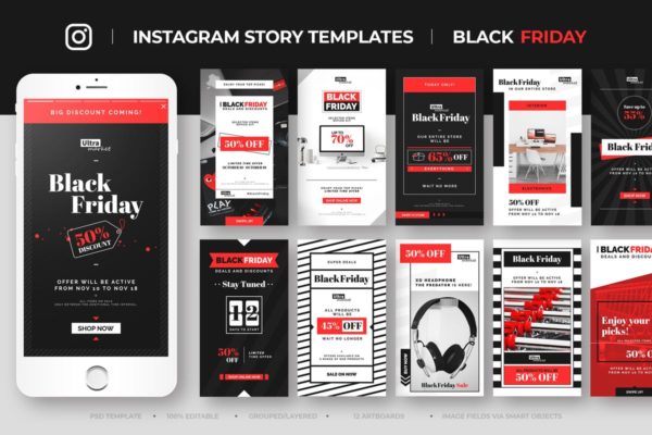 黑色星期五购物节Instagram故事促销广告模板素材库精选v4 Black Friday Instagram Story Feed Templates