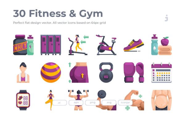30枚健身运动主题扁平化矢量素材库精选图标 30 Fitness &amp; Gym Icons – Flat