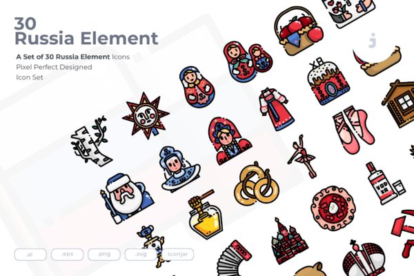 30枚彩色俄罗斯民族元素矢量素材库精选图标 30 Russia Element Icons