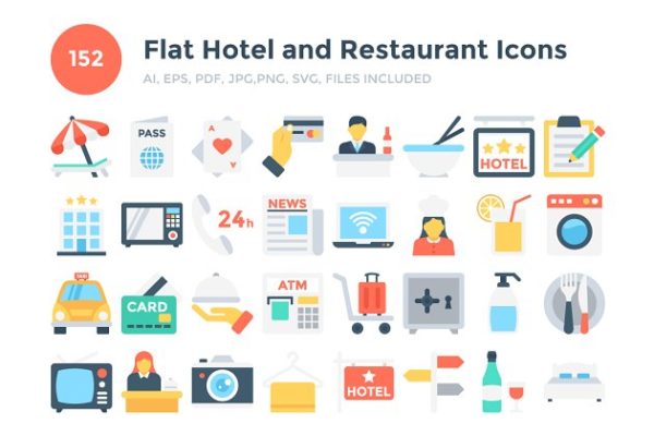 152枚扁平设计风酒店＆餐馆图标 152 Flat Hotel and Restaurant Icons