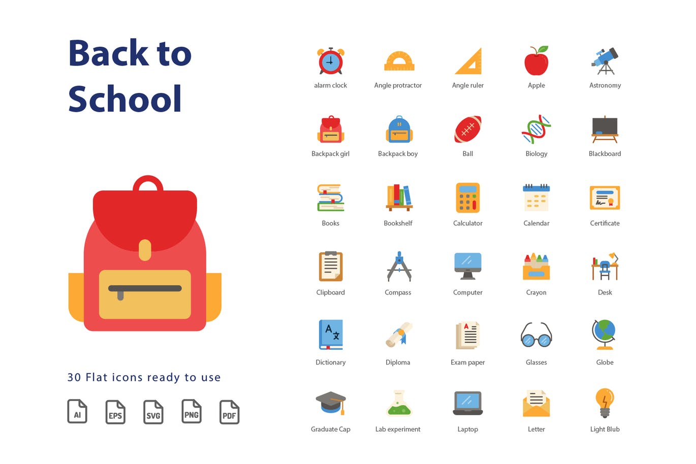 校园教育主题扁平化设计风格矢量图标素材 Back To School (Flat)插图(2)
