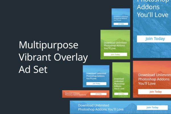 17个多用途AdSense尺寸兼容素材库精选广告模板素材 Multipurpose Vibrant Overlay Ad Set