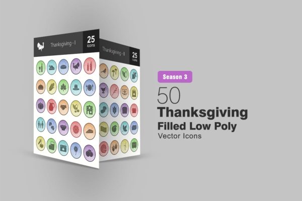 50枚感恩节主题圆形素材库精选图标素材 50 Thanksgiving Filled Low Poly Icons