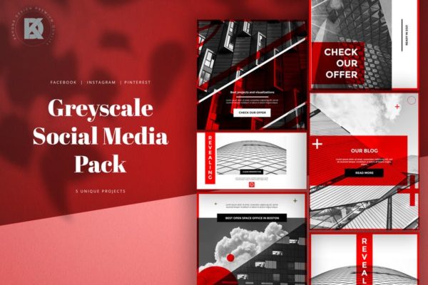 灰度红创意社交媒体素材库精选广告模板素材 Greyscale Red Social Media Pack