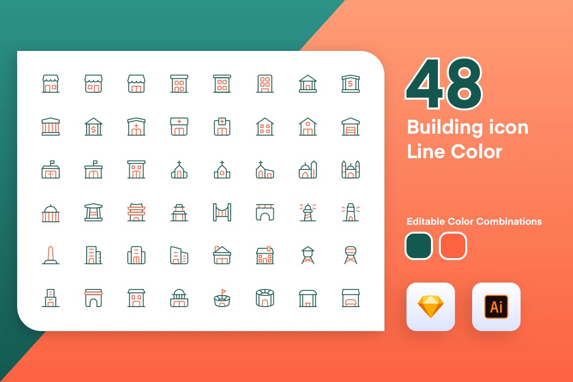 48枚建筑主题彩色矢量线性素材库精选图标素材 Building Icon Line Color插图(1)