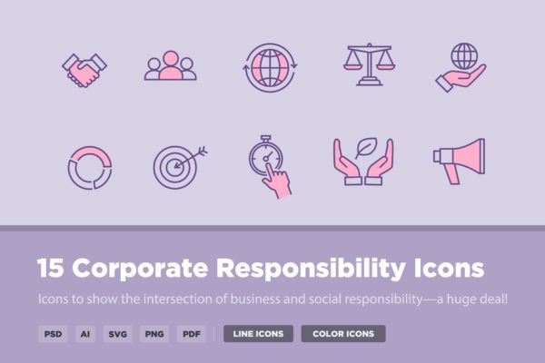 15枚企业社会责任主题矢量图标 15 Corporate Social Responsibility Icons
