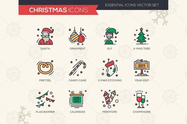 圣诞节&amp;新年主题线性图标素材 Christmas and New Year – Line Design Icons Set