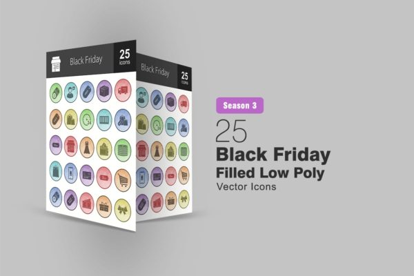 25枚黑色星期五主题多边形填充色矢量素材库精选图标 25 Black Friday Filled Low Poly Icons
