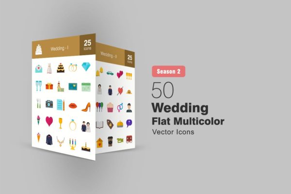 50枚婚礼婚宴主题扁平设计风彩色素材库精选图标 II 50 Wedding Flat Multicolor Icons Season II