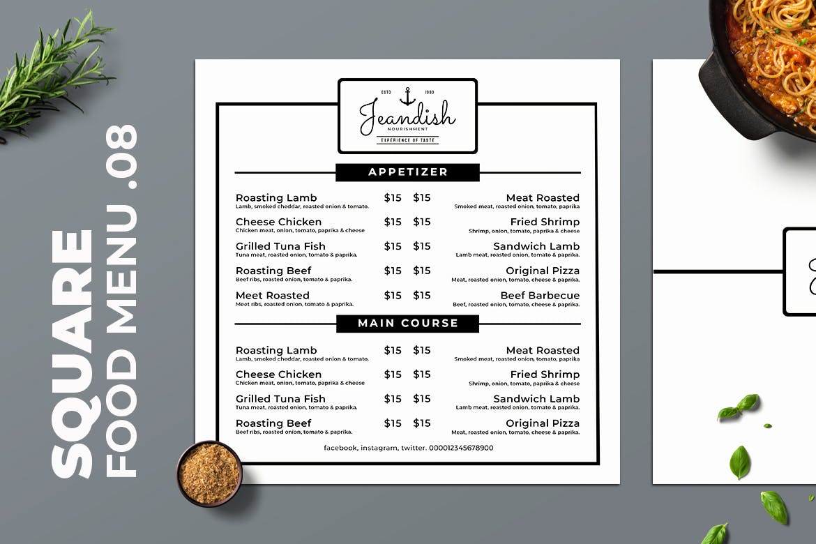 黑白配色西餐素材库精选菜单模板v08 Square Food Menu. 08插图