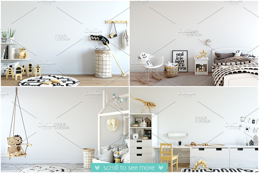儿童主题卧室墙纸设计&相框样机 Interior KIDS WALL & FRAMES Mockup 2插图(1)