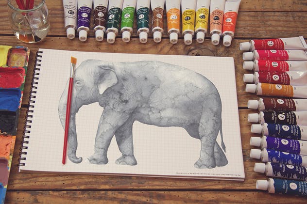 画室创作场景网格笔记本样机模板v3 Grid Paper Notebook Paint Scene插图(1)