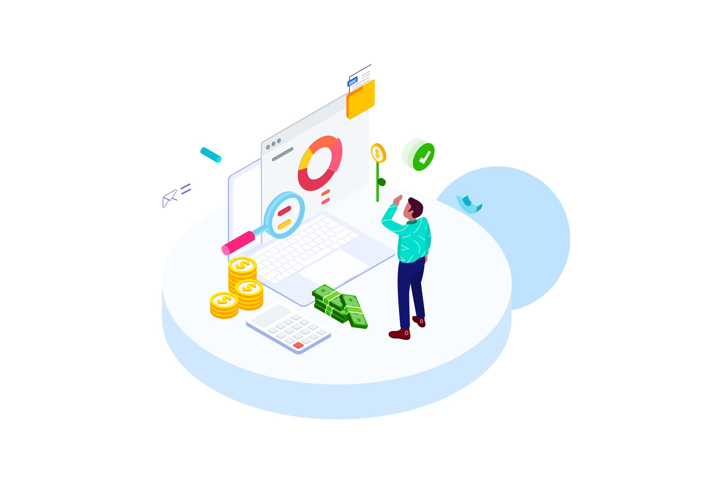 财务成本管理金融业务场景等距概念插画v2 Track Financial Costs Isometric Illustration – FV插图