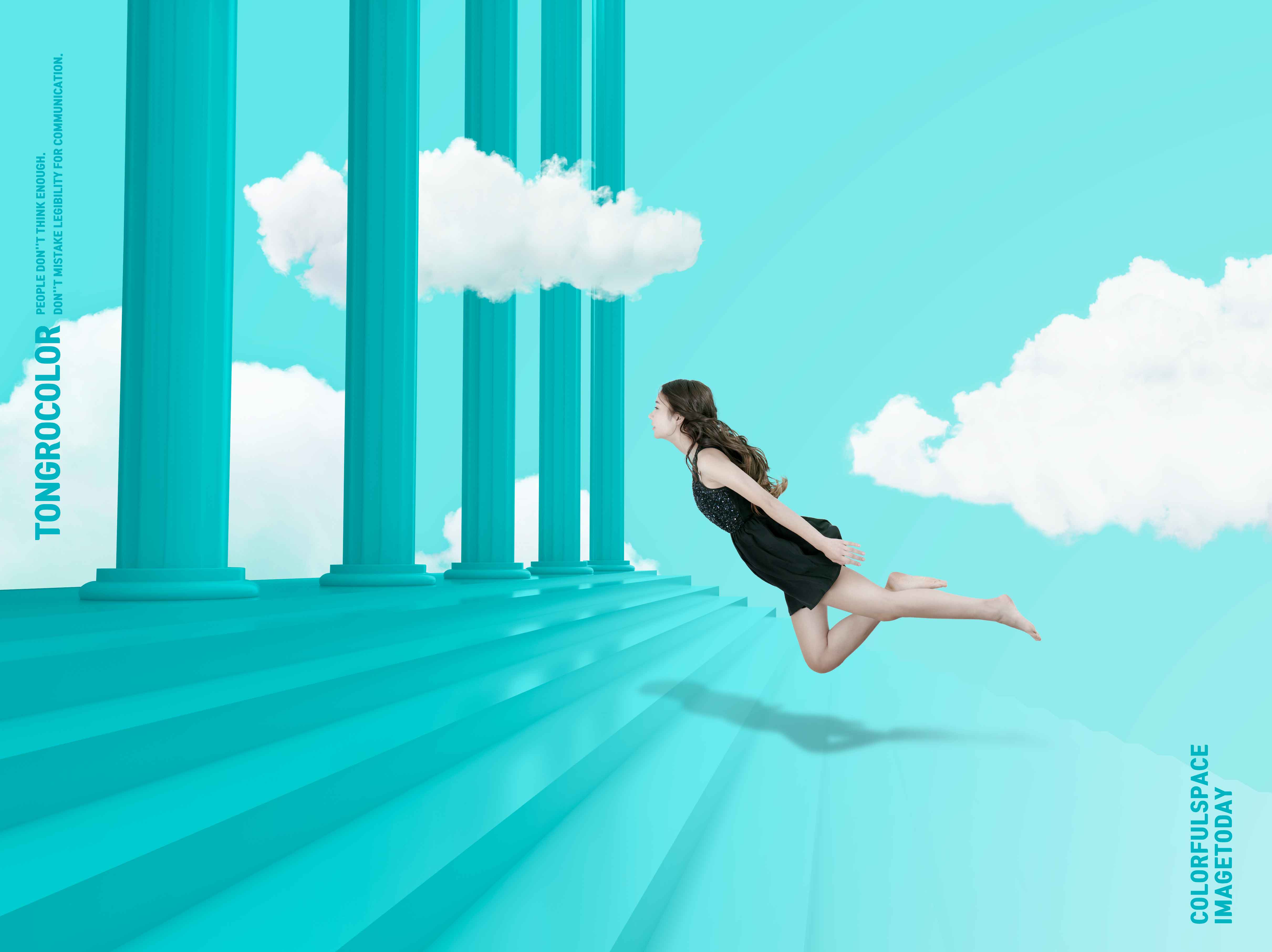 蓝绿色天堂罗马柱梦幻空间背景psd素材插图