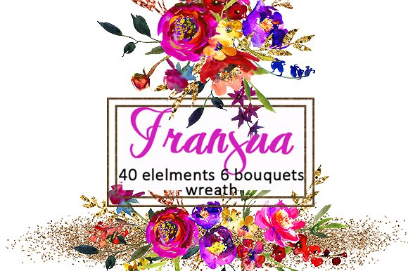 紫金水彩花花卉插画剪贴画 Purple Gold Watercolor Flowers插图