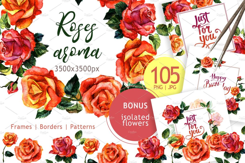 一组水彩手绘玫瑰花背景素材下载[png,jpg]插图