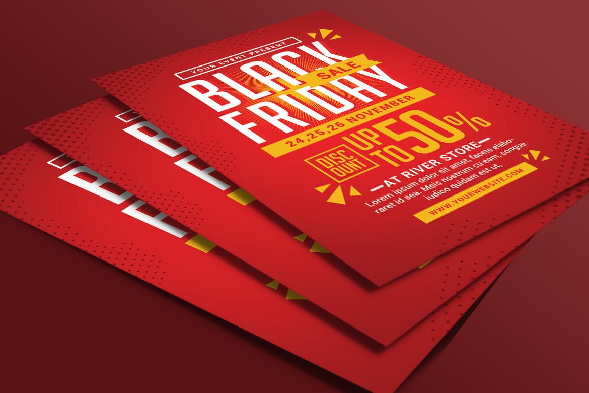 大红色背景黒五购物节促销广告海报模板 Black Friday Sale Flyer插图(3)