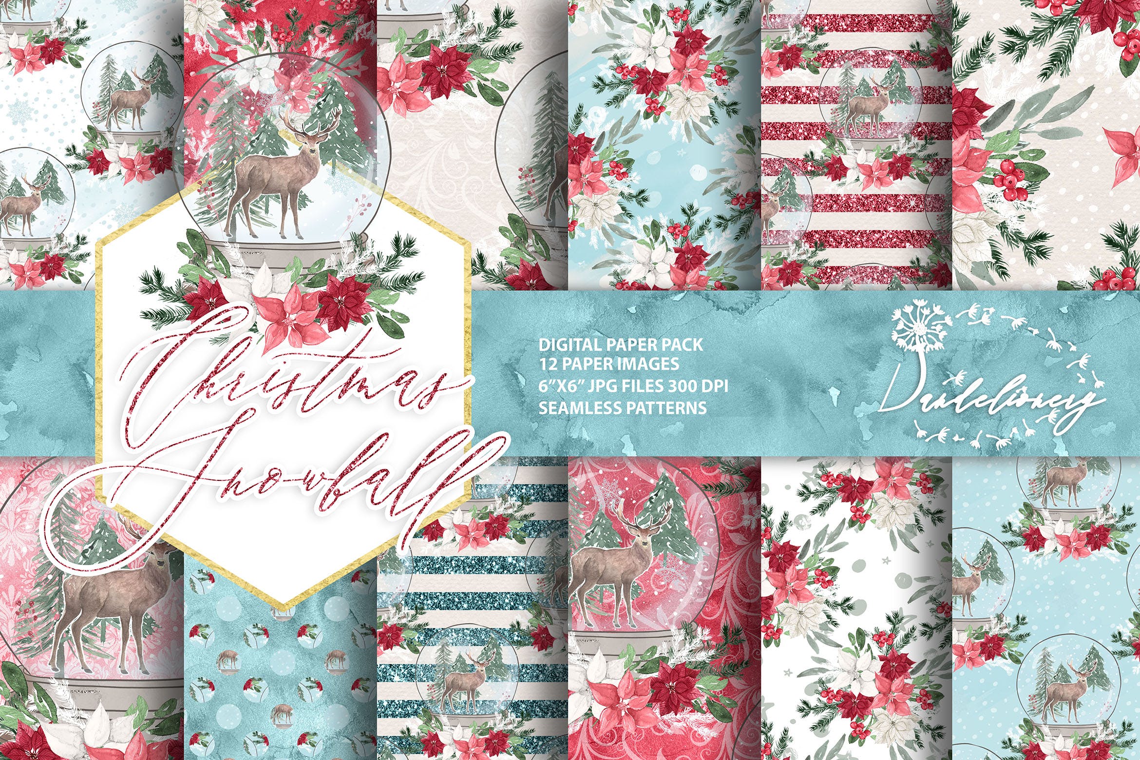 圣诞节主题雪球水彩手绘图案数码纸张设计素材 Christmas Snowball digital paper pack插图