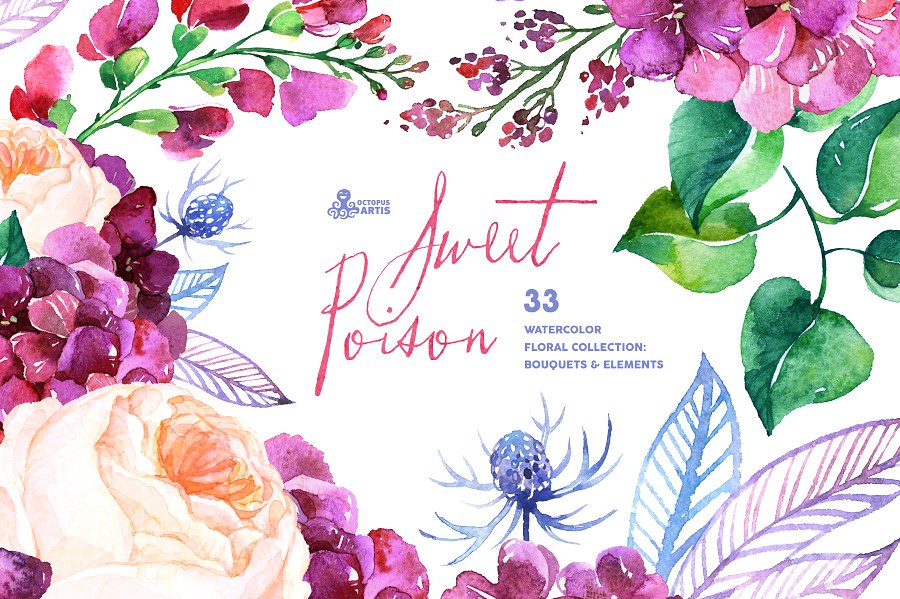 甜蜜的毒药-水彩花卉素材集 Sweet Poison. Floral collection插图