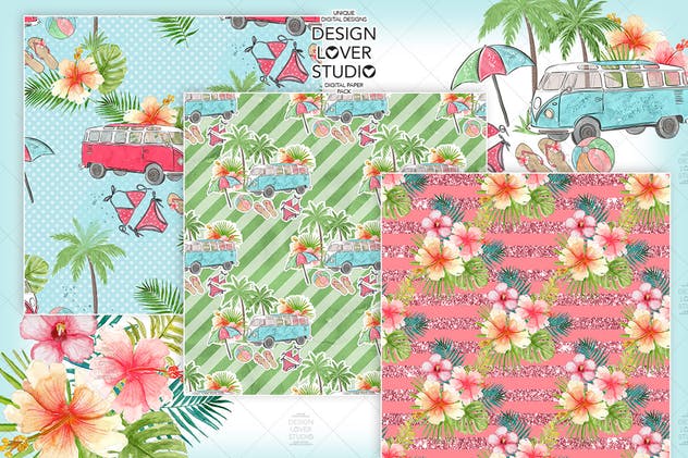 夏季海滩主题水彩花卉纸张图案背景套装 Go to the Beach digital paper pack插图(1)