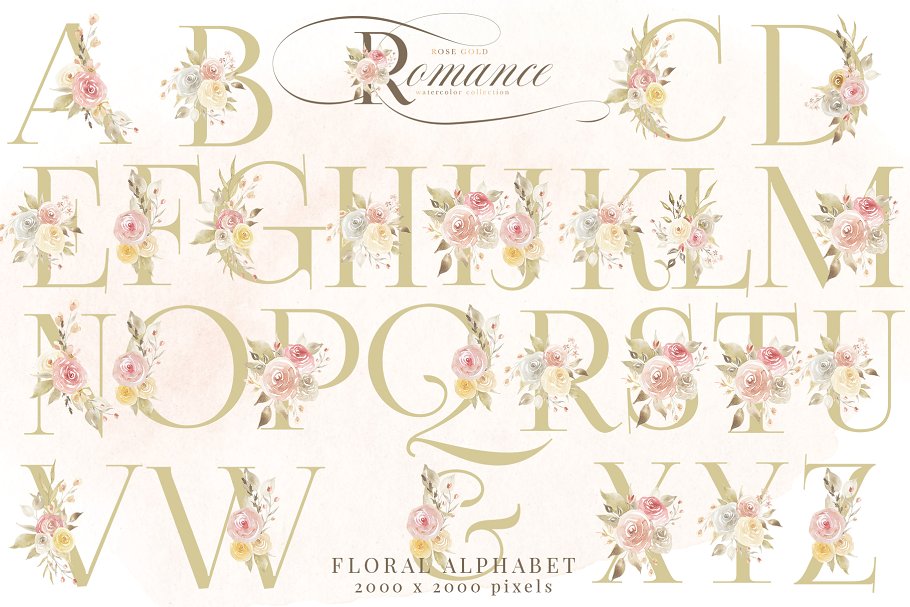 玫瑰金浪漫水彩花卉剪贴画 Rose Gold Romance Watercolor Flowers插图(7)