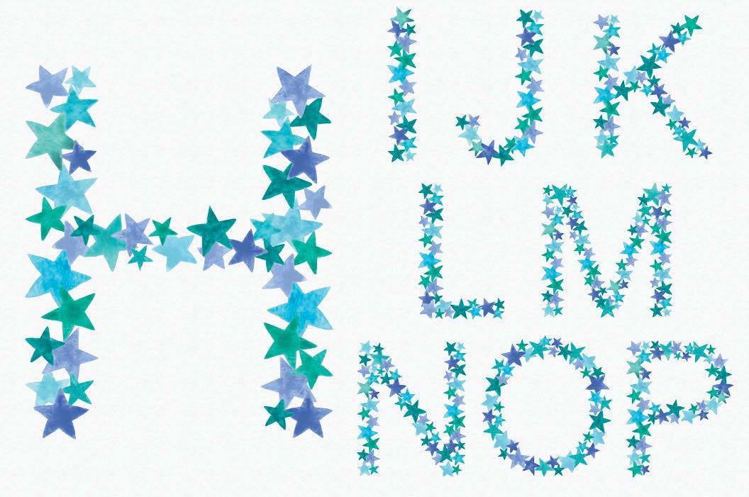 绿蓝配色26个星星字母剪贴画PNG设计素材 Greeny Blue Star Alphabet插图(2)