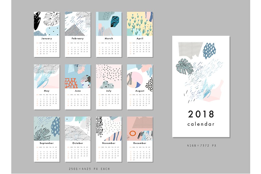 彩色涂鸦印象派日历年历模板 2018 CALENDARS set插图(3)