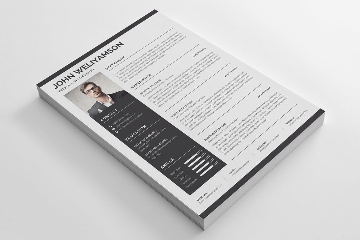 自由设计师简约专业电子简历模板 Professional and Clean Resume Template插图(2)