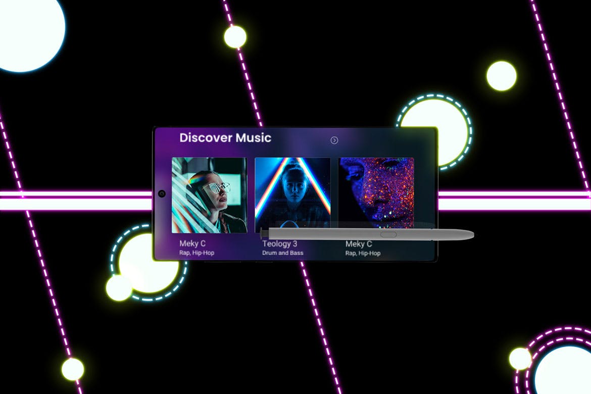 酷黑背景三星智能手机Note 10多角度屏幕预览样机模板 Neon Note 10 MockUp插图(4)