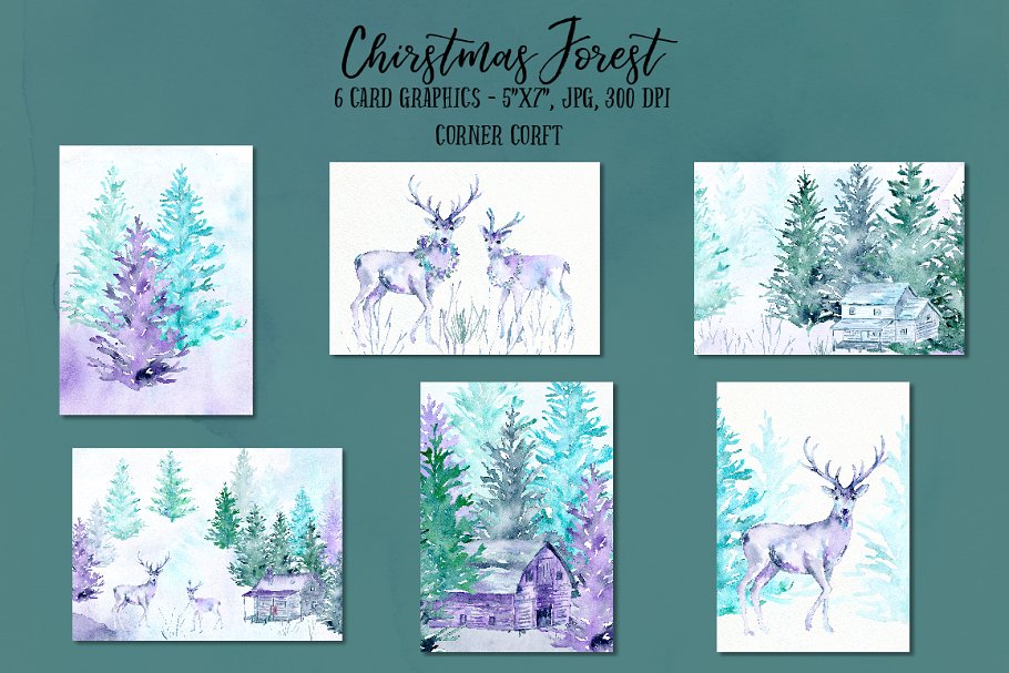 圣诞节奇幻森林水彩插画 Watercolor Christmas Forest插图(3)