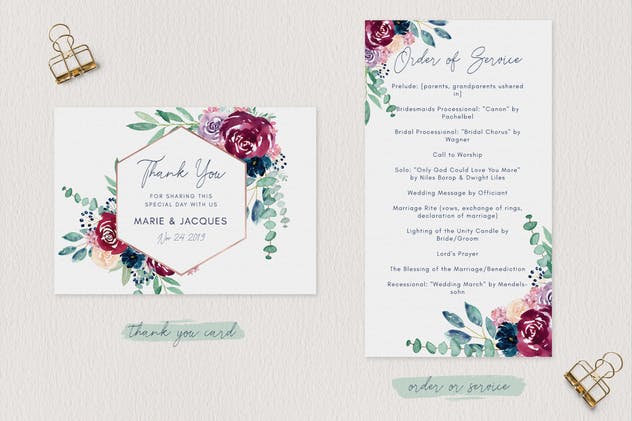 紫红色&海军蓝水彩花卉婚礼邀请函设计模板 Wedding Invitation Set – Burgundy & Navy插图(4)