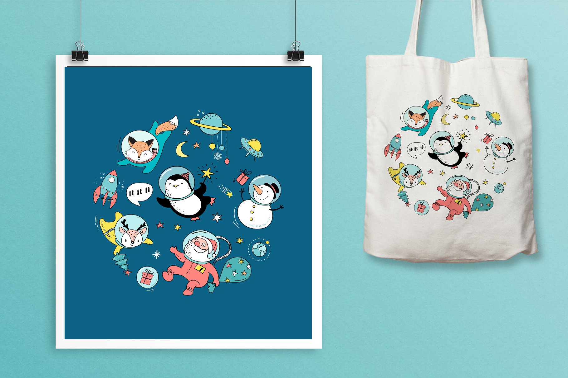 外太空宇宙圣诞节手绘插画素材 Cosmic Christmas in outer space插图(5)