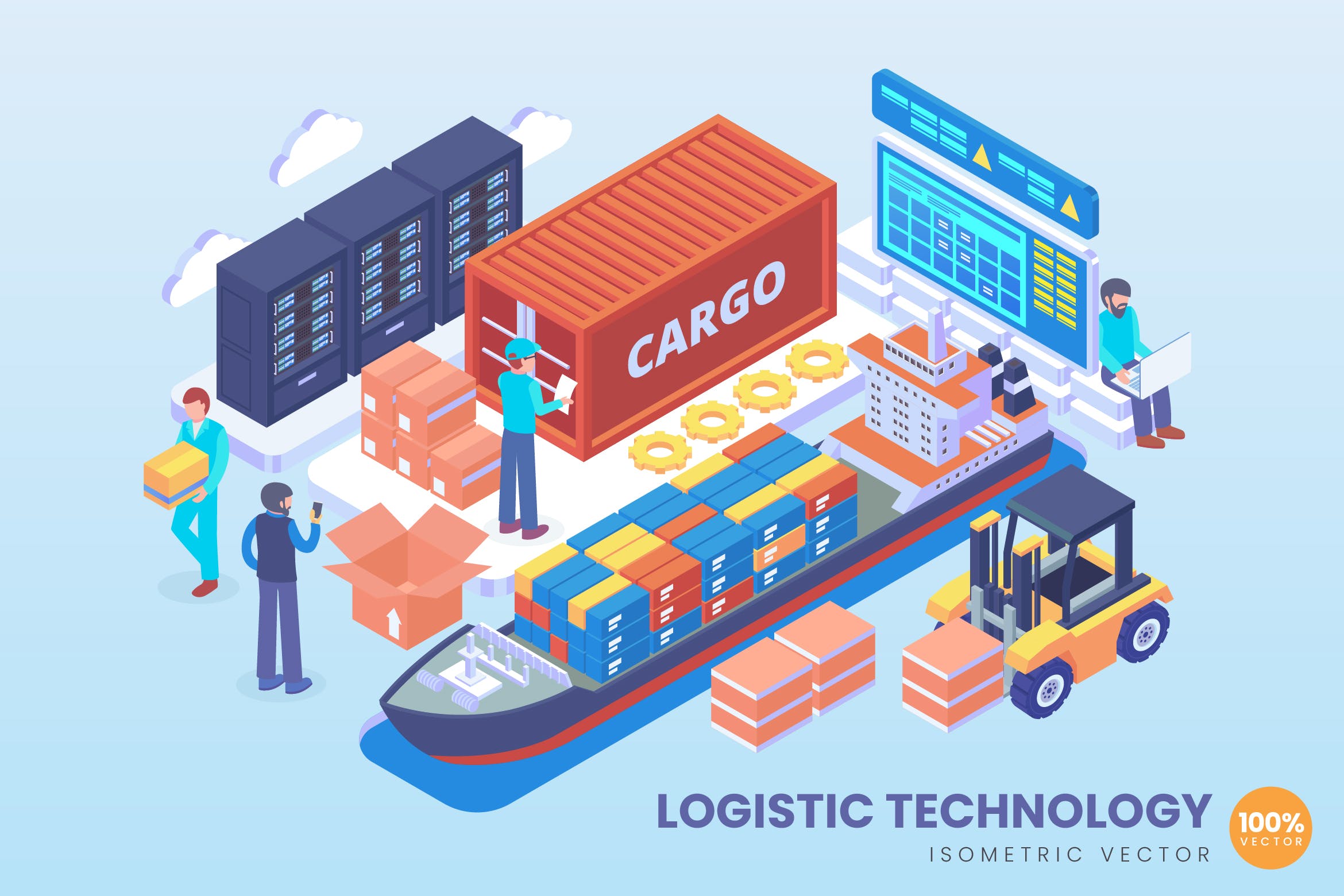 智能物流技术等距矢量科技素材库精选概念插画v2 Isometric Logistic Technology Vector Concept插图