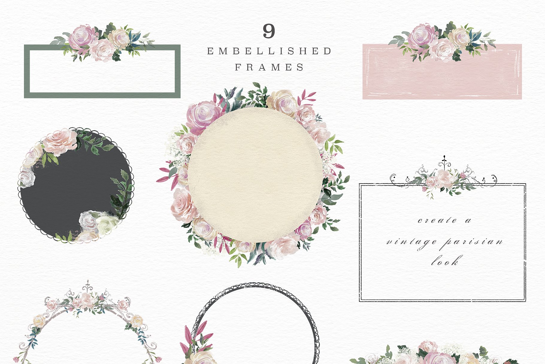 复古水彩玫瑰花卉剪贴画 Vintage Rose – Flower Clipart Set插图(1)