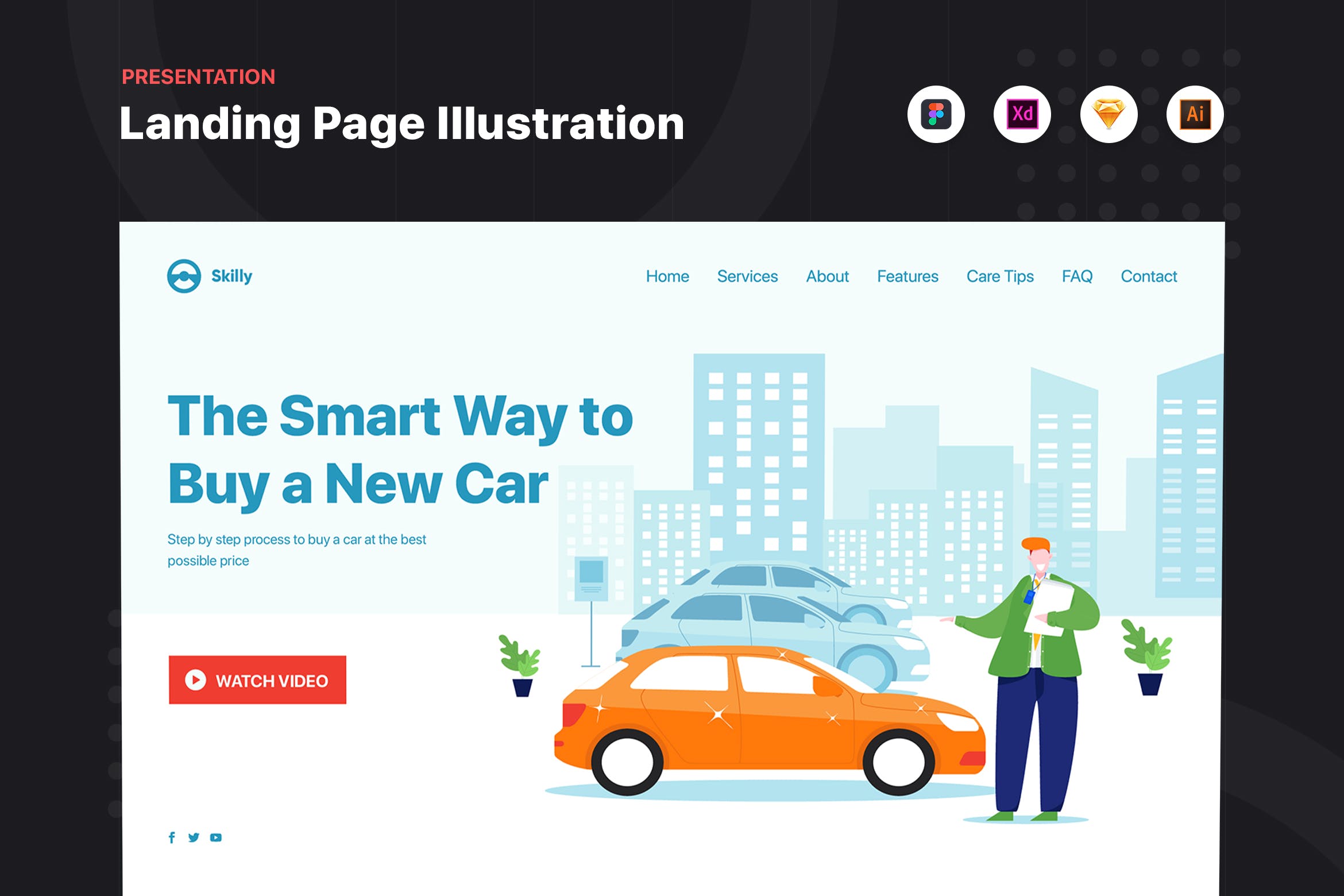 汽车经销商销售方案网站设计矢量插画素材 Successful businessman in a car dealership插图