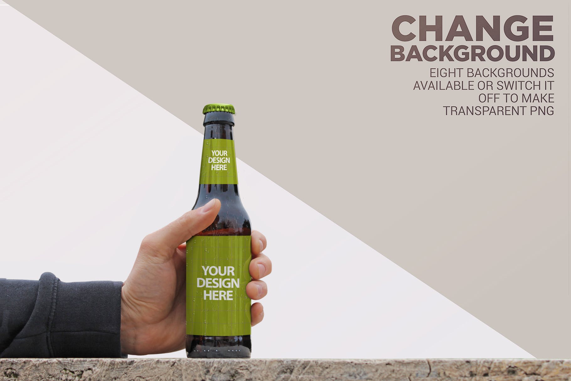 手持啤酒瓶外观印刷图案设计预览样机模板 Rustic Beer Mockup插图(1)