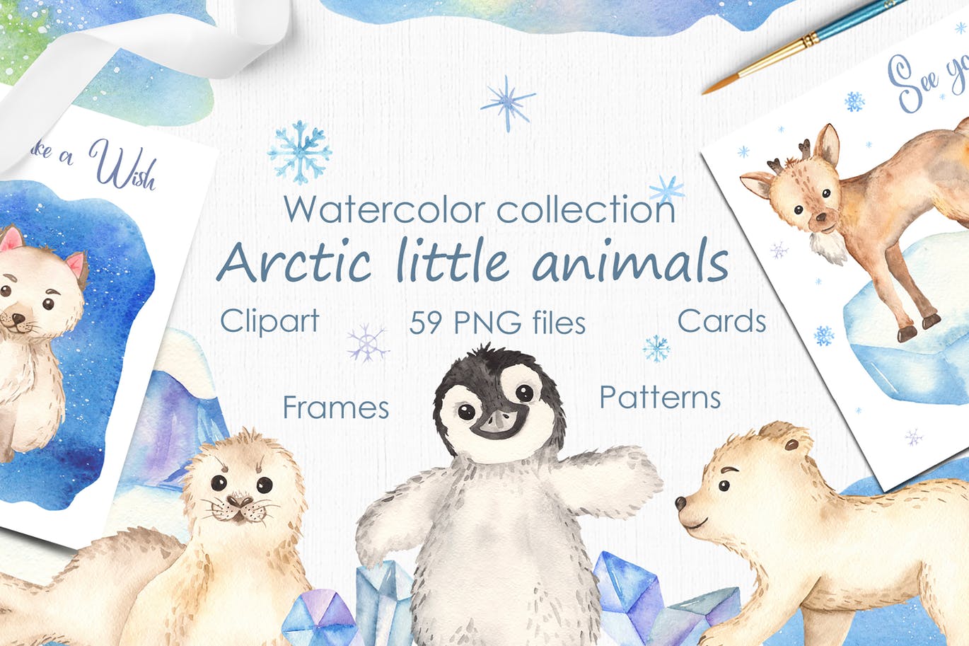 北极小动物水彩手绘剪贴画&卡片素材 Watercolor Arctic little animals Clipart cards插图