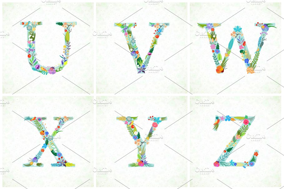 明亮花卉装饰字母素材 Bright Floral Alphabet. EPS and PNG插图(4)