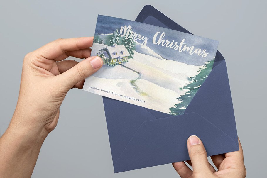 手绘水彩圣诞卡片模板4 Watercolor Christmas Card Template 4插图(1)