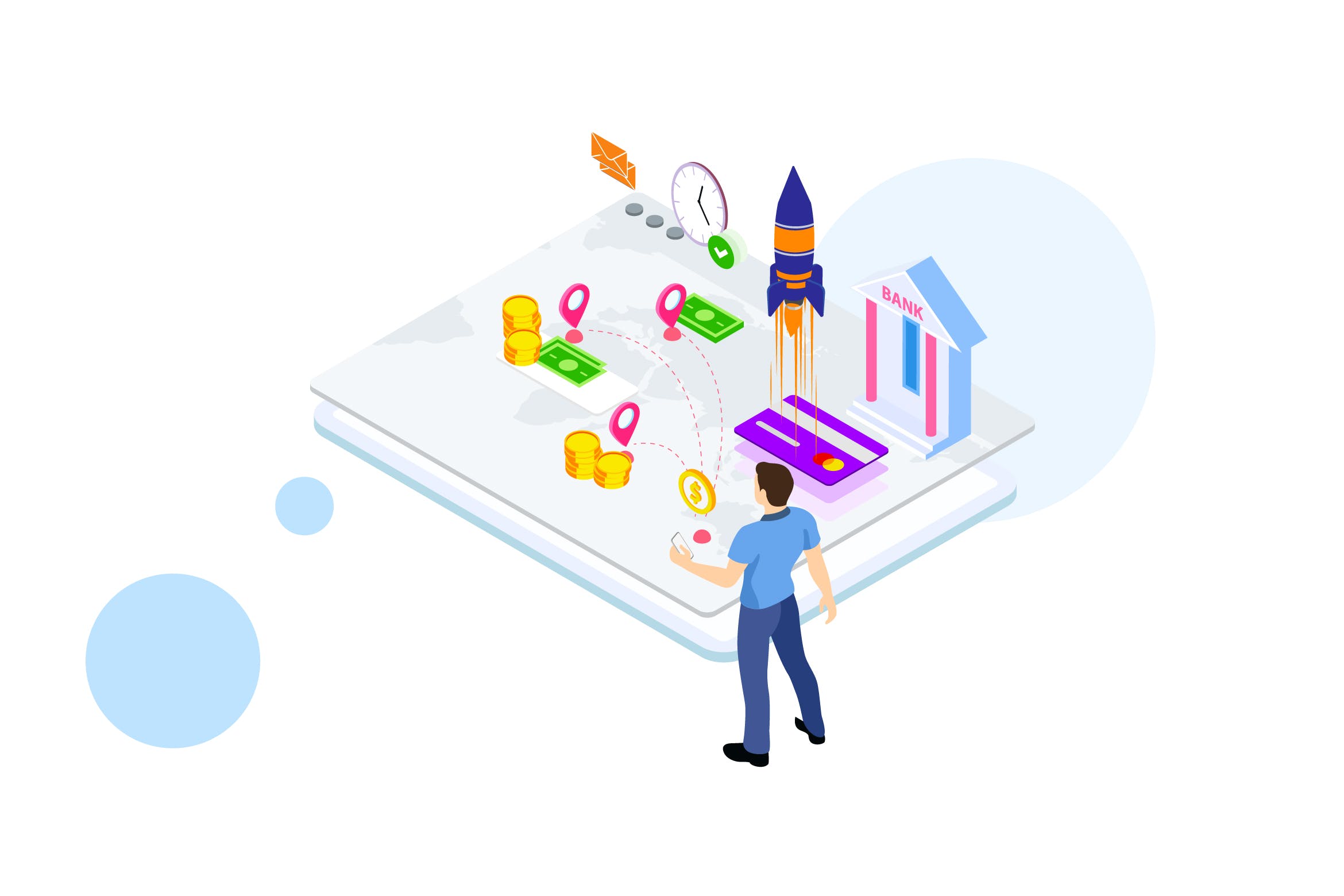 国际支付金融业务场景等距概念插画v2 Internation Payments by Finance Isometric – FV插图