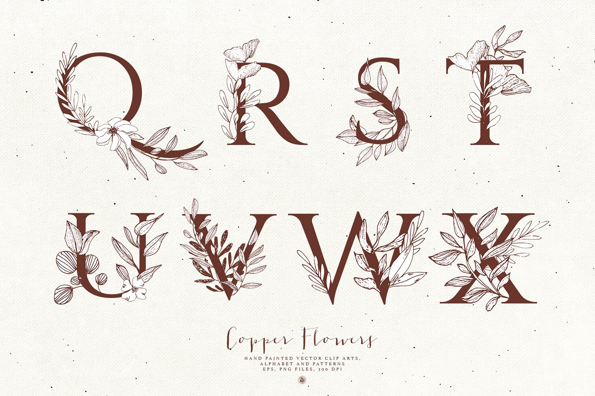 古铜色花卉字母插画套装插图(5)