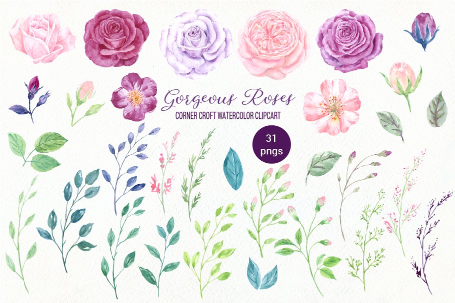 31个独立华丽水彩玫瑰剪贴画 Watercolor Gorgeous Roses插图(1)