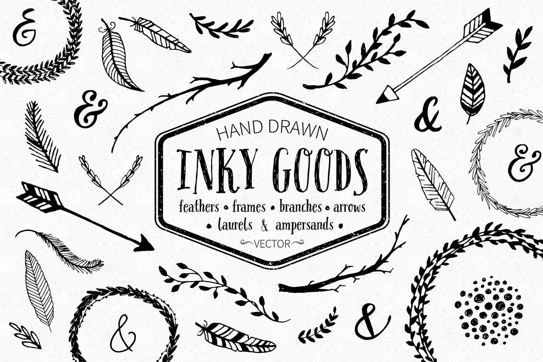 手绘树枝羽毛油墨剪贴插画 Inky Goods Vector Graphics插图