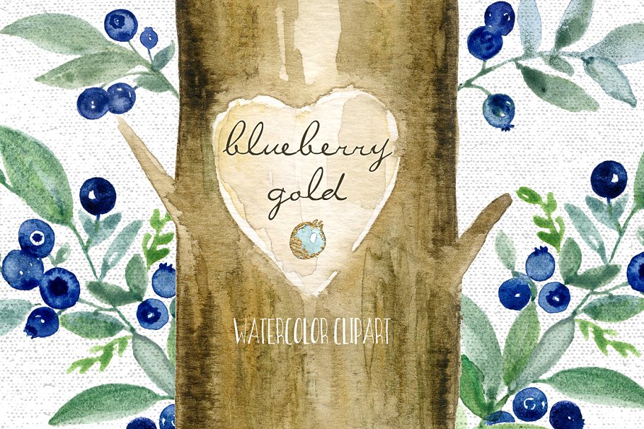 优雅水彩蓝莓插画剪贴画 Blueberry gold. Watercolors插图(1)