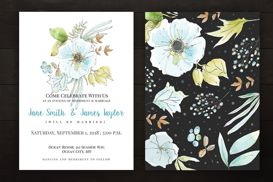 淡蓝色花卉主题婚礼请柬模板 Light Blue Wedding Invitation Set插图(1)