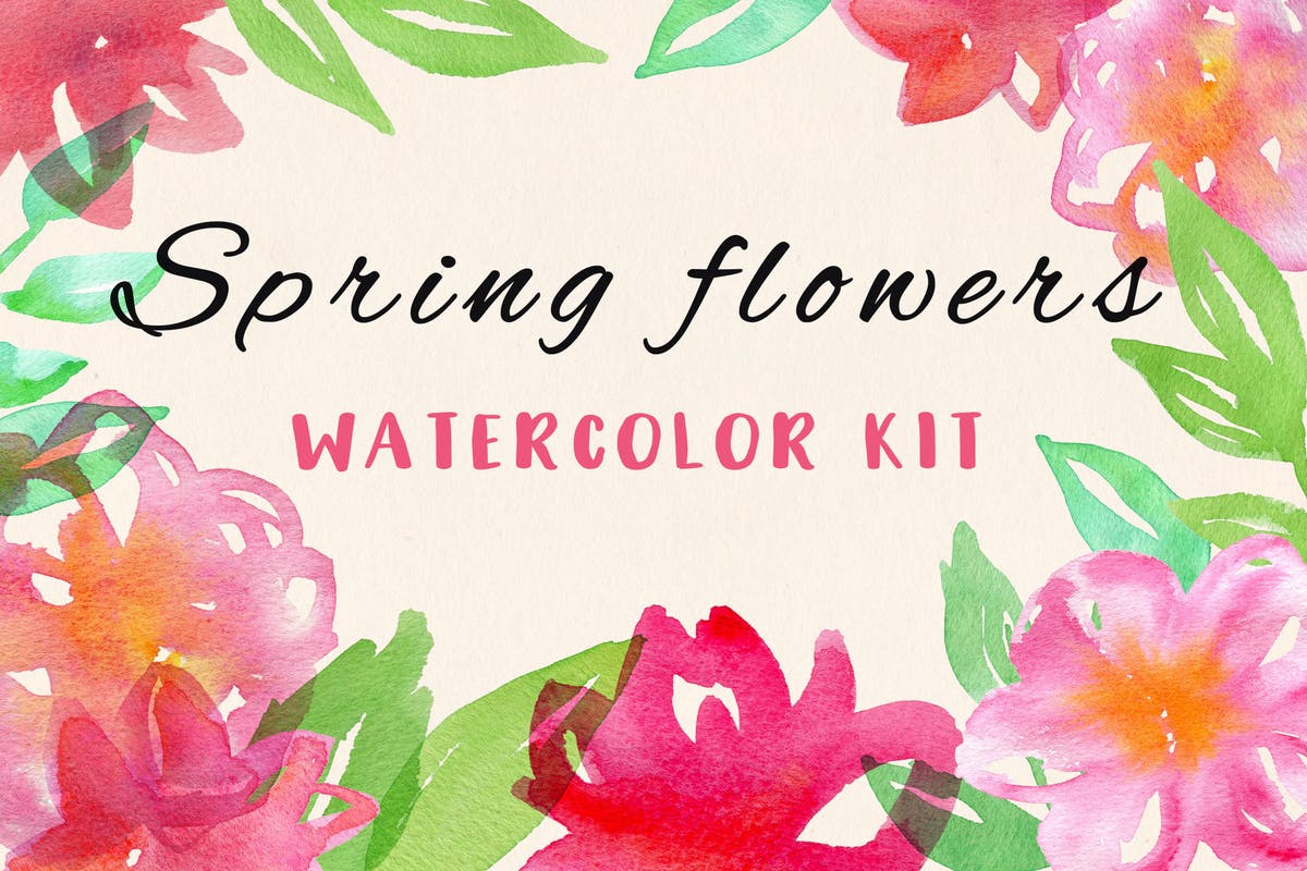 水彩花卉＆叶子无缝图案 Watercolor Flowers and Leaves插图