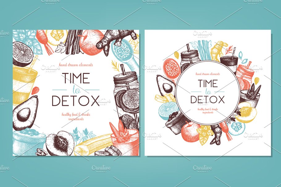 复古风格健康食品及饮料成分插画 Vegetarian Food Ingredients Set插图(3)