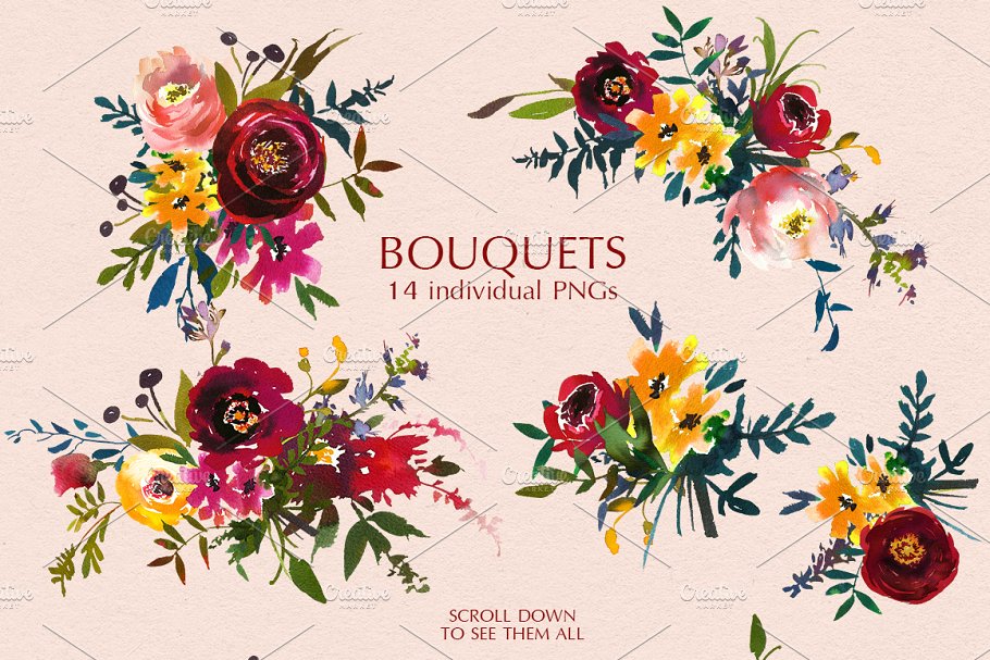 波尔多水彩花卉艺术设计素材 Bordo Watercolor Floral Clip Art Set插图(1)