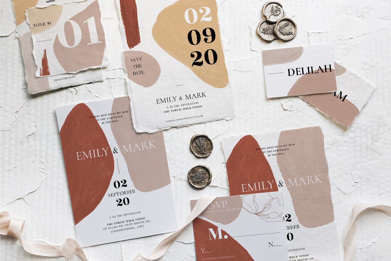 现代抽象水彩图案撕纸风格婚礼邀请设计套件 Modern Abstract Wedding Suite插图(1)