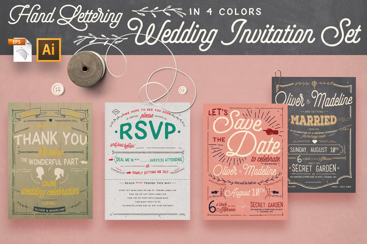 复古手写字邀请函/请帖设计模板套装 Vintage Hand Lettering Invitation Set插图